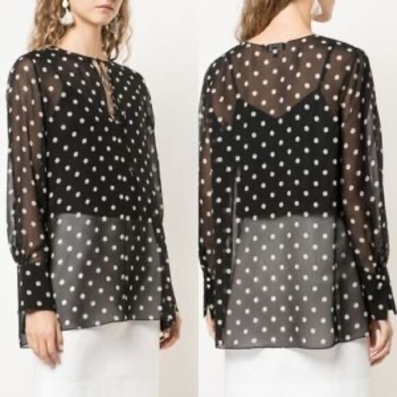 THEORY Petite Polka Dot Black & Cream Sheer Tie Blouse - Picture 7 of 11